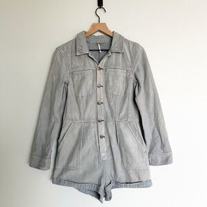 Free People Long Sleeve One Piece Button Front Collared Utility Romper